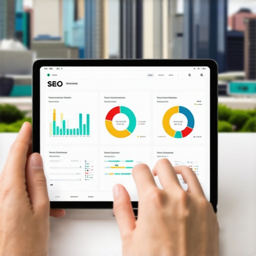 Team analyzing SEO data in Baton Rouge with cityscape background.