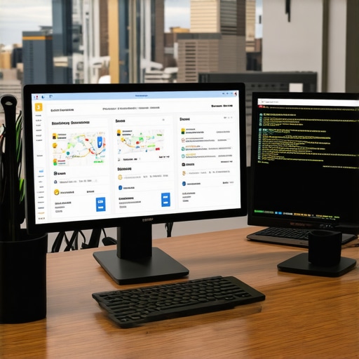 SEO analyst reviewing local search analytics with Baton Rouge cityscape