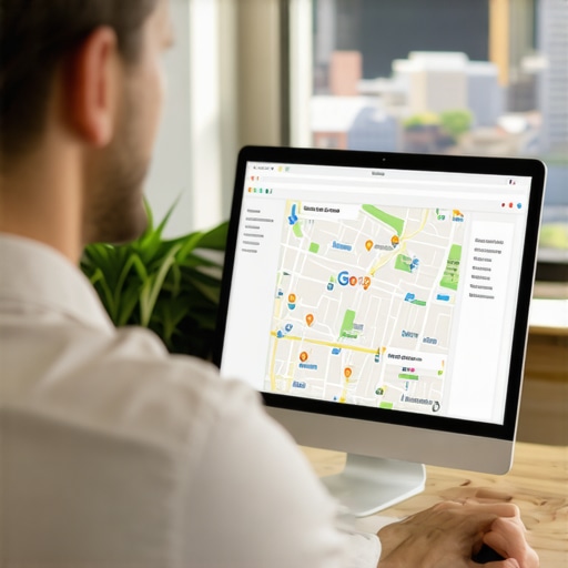 Business owner reviewing Google Maps rankings on a laptop with Baton Rouge landmarks visible.