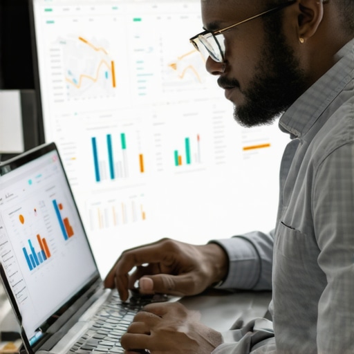 Business owner analyzing local SEO performance on a laptop with dashboards and maps.