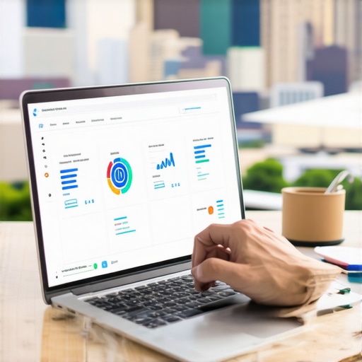 Person reviewing SEO analytics on laptop with Baton Rouge skyline