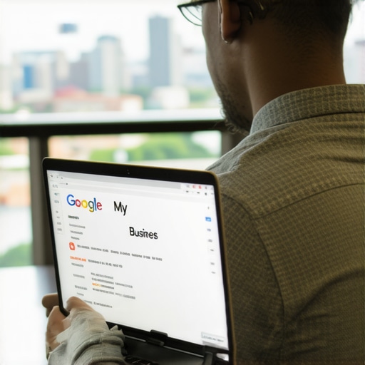 Business owner updating Google My Business profile on laptop with Baton Rouge cityscape