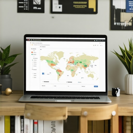 A workspace with SEO tools open on a laptop, showing maps and analytics related to Louisiana local SEO.