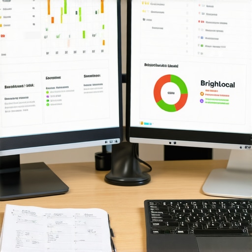 Close-up of a workspace with monitors displaying SEO dashboards and notes for local map ranking