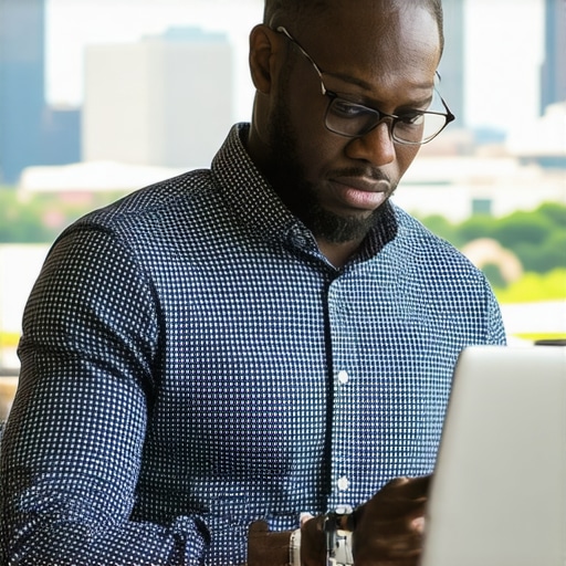 Business owner reviewing local SEO analytics with Baton Rouge cityscape