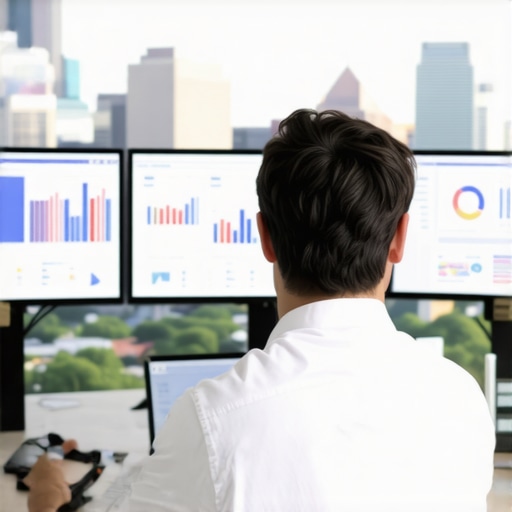 A digital marketer reviewing local SEO analytics on screens with Baton Rouge cityscape in background.