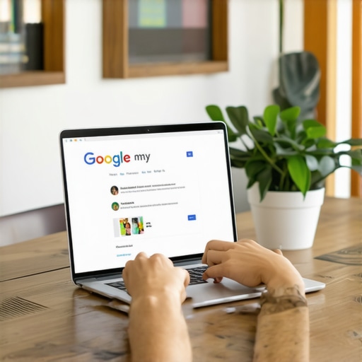 Person updating Google My Business listing with Louisiana-themed decor in background.