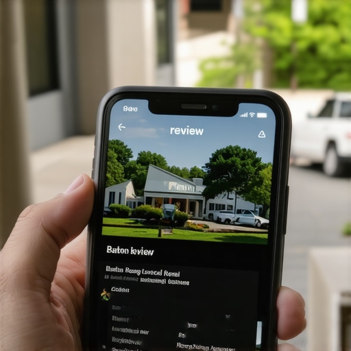 Smartphone showing a video review of a Baton Rouge business, with city landmarks in background