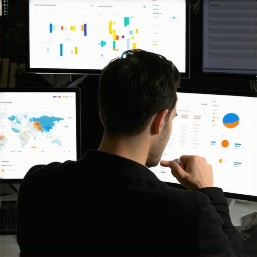 A professional reviewing local SEO analytics on multiple screens, focusing on maps and ranking charts.