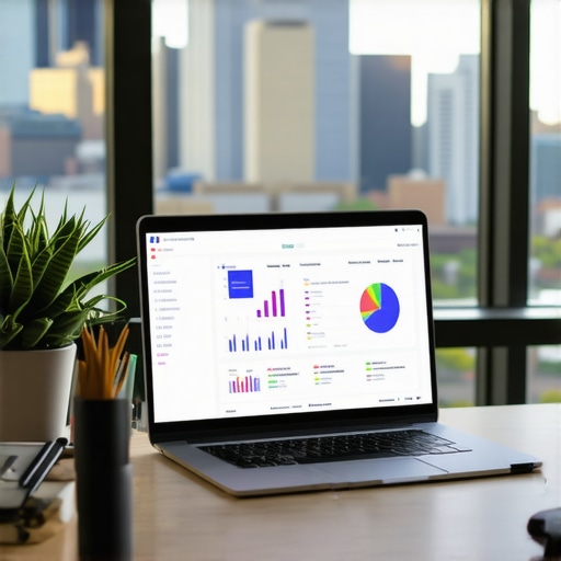 Laptop with SEO analytics software open, Baton Rouge skyline visible.