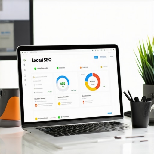 A workspace with SEO dashboards, showing local search metrics on a laptop screen.