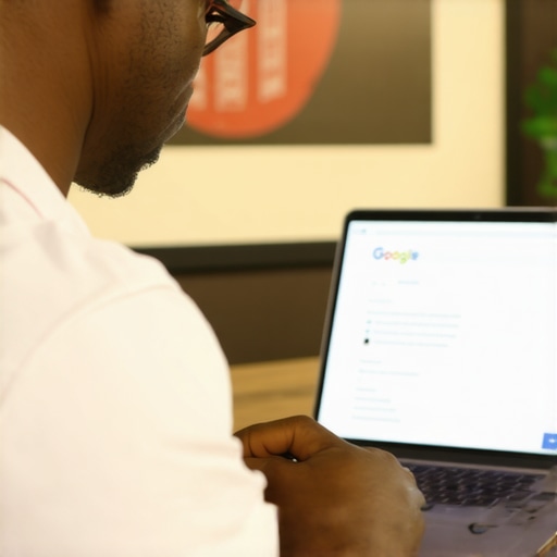 Business owner updating Google My Business profile on laptop with Baton Rouge background