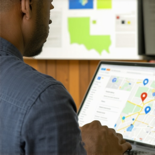 Business owner updating Google My Business profile with Louisiana landmarks in background.