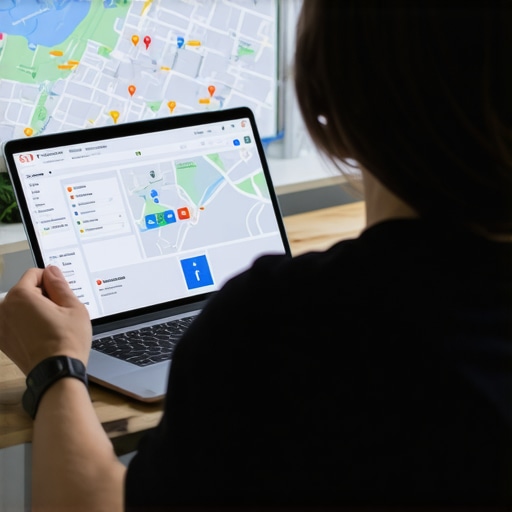 Business owner updating GMB profile with a Baton Rouge city map in the background