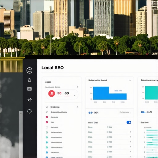 A person analyzing local SEO metrics on a computer screen with Louisiana landmarks in the background.