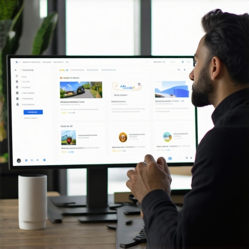 Business owner working on Google My Business profile with Baton Rouge cityscape in background.