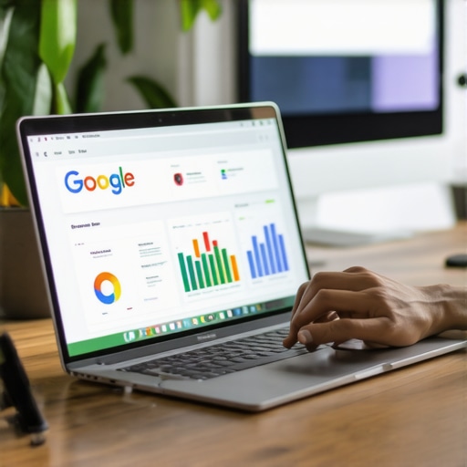 Business owner updating Google My Business profile on a laptop with local SEO analytics.