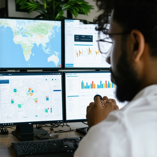 Digital marketer reviewing local SEO analytics on multiple screens in Baton Rouge office.