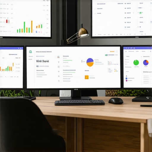 A desk setup with screens showing local SEO dashboards, citation tools, and review management platforms.