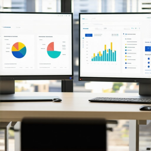 A top-down view of a workspace with computers showing SEO dashboards and Baton Rouge skyline.