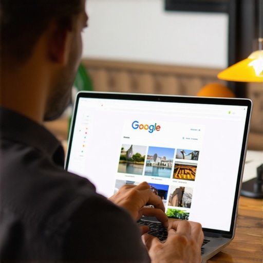 A Baton Rouge business owner working on a computer editing their Google My Business listing with local landmarks in background.